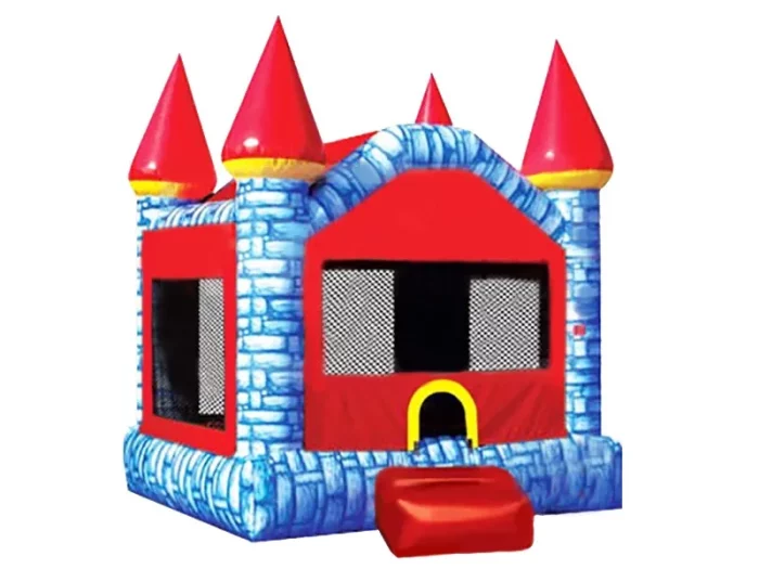 Colorful castle-themed bouncy castle with red spires, blue brick design, and mesh sides. Perfect for kids' parties. Buy online in NZ today!