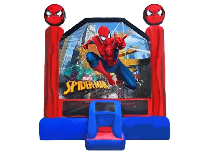 Spider-Man-themed inflatable bouncy castle with vibrant red and blue design, perfect for kids' superhero parties. Buy online in NZ today!