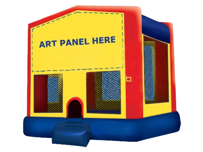 Customisable yellow bouncy castle with mesh sides and space for an art panel. Perfect for events. Buy affordable, high-quality options online in NZ.