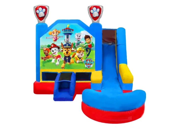 Paw Patrol-themed inflatable bouncy castle with slide, featuring popular characters, perfect for kids' parties. Buy online in NZ today!