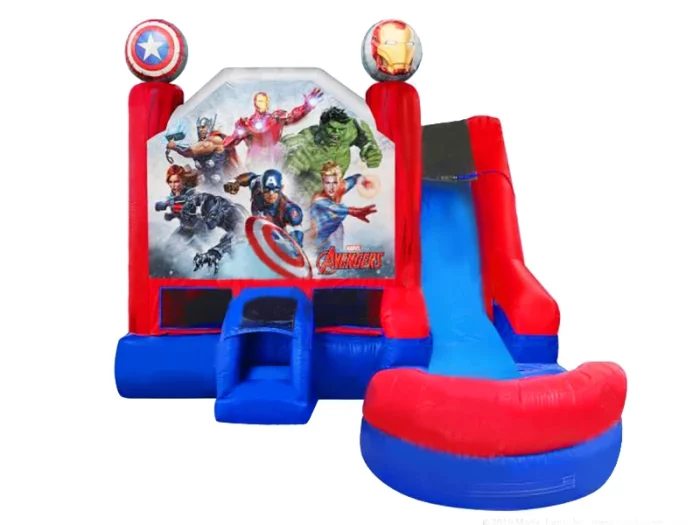 Avengers-themed inflatable bouncy castle with slide, featuring superhero characters, perfect for kids' parties. Buy online in NZ for endless fun.