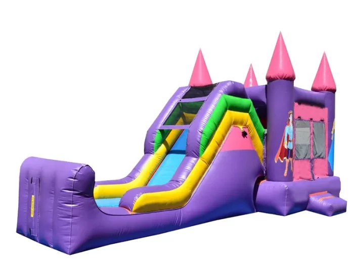 Princess-themed purple bouncy castle with tall pink towers, a slide, and vibrant design. Perfect for parties. Buy high-quality options online in NZ.