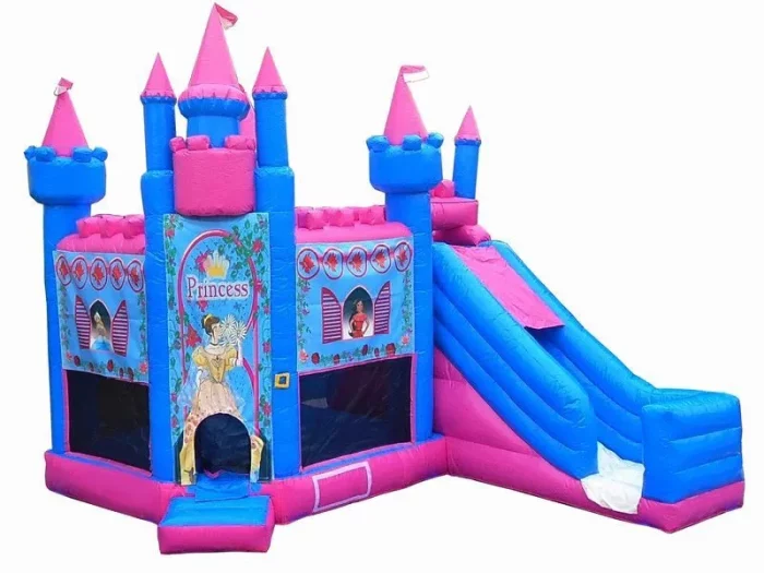 Princess-themed pink and blue bouncy castle with towers, a slide, and mesh sides. Perfect for parties. Buy high-quality options online in NZ.