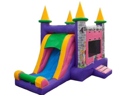 Colorful castle-themed inflatable bouncy castle with slide, turrets, and medieval design. Perfect for kids' parties. Buy online in NZ today!