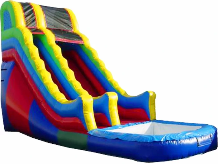 Vibrant inflatable water slide with dual lanes and splash pool, perfect for summer fun and events. Buy online in NZ for ultimate entertainment.