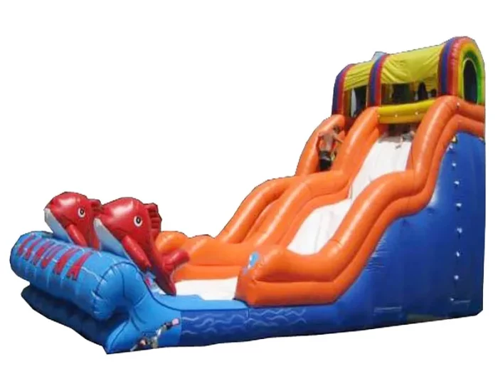 Dolphin-themed inflatable water slide with vibrant orange and blue design, dual lanes, and splash pool. Perfect for events. Buy online in NZ.