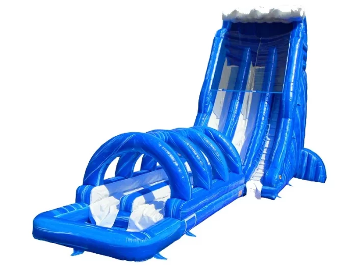 Massive wave-themed inflatable water slide with tunnel arches and splash pool. Perfect for summer events. Buy high-quality options online in NZ.