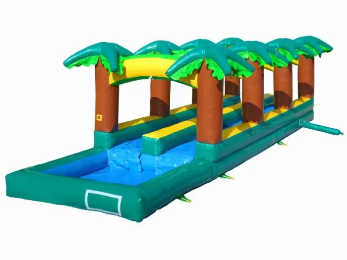 Tropical-themed inflatable slip and slide with palm tree design and splash pool. Perfect for summer fun. Buy high-quality options online in NZ.