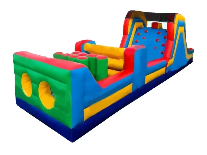 Colorful inflatable obstacle course bouncy castle with climbing wall, tunnels, and slide. Perfect for events. Buy online in NZ today!