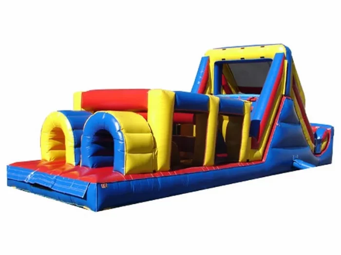 Colorful inflatable obstacle course bouncy castle with slides and tunnels, perfect for kids' events. Buy online in NZ for affordable prices.