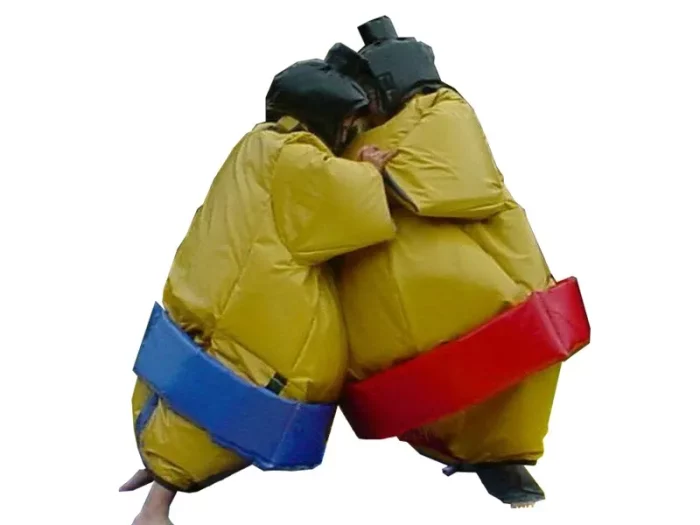 Sumo wrestling suits with red and blue belts, including helmets, perfect for fun party games. Buy or hire online in NZ for affordable entertainment.