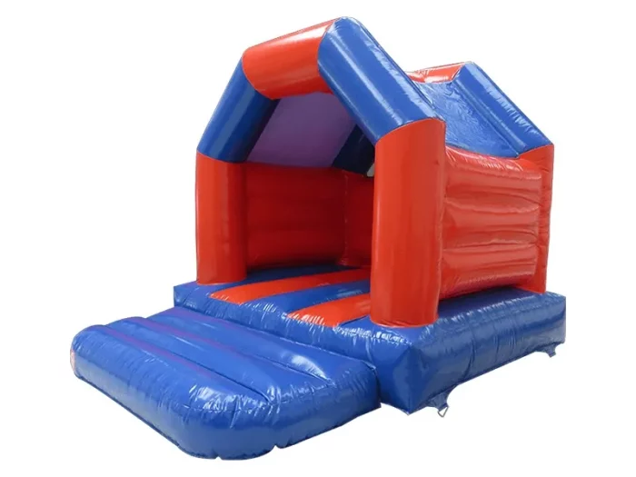 Red and blue inflatable bouncy castle with a covered roof and spacious design, perfect for kids' parties. Buy online in NZ for affordable fun.