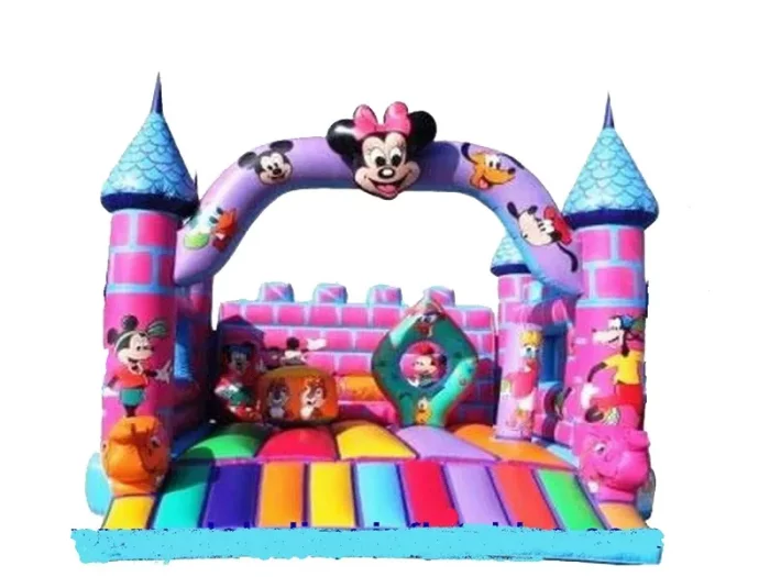 Minnie Mouse-themed inflatable bouncy castle with vibrant pink and blue castle design, perfect for kids' parties. Buy online in NZ today!