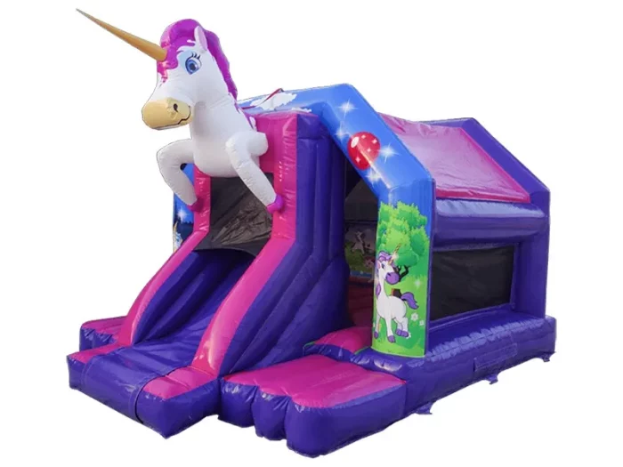 Unicorn-themed inflatable bouncy castle with slide, featuring a magical purple and pink design. Perfect for kids' parties. Buy online in NZ today!