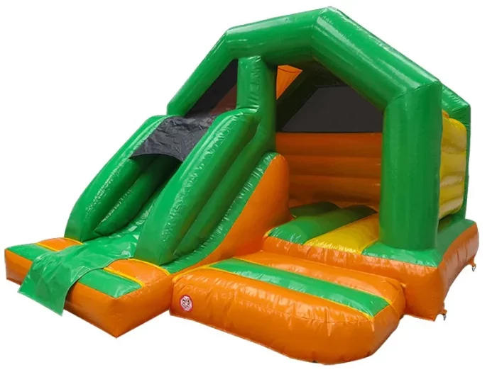 Green and orange inflatable bouncy castle with slide and covered roof, perfect for kids' parties and events. Buy online in NZ for fun entertainment.