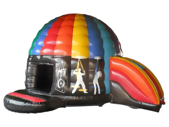 Inflatable disco dome bouncy castle with rainbow top, speakers, and dance graphics. Great for parties and events in NZ!