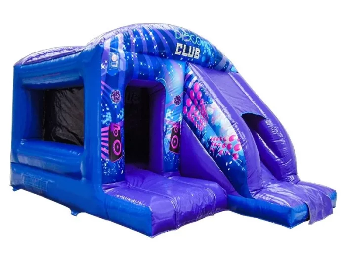 Disco-themed bouncy castle in vibrant blue with music graphics and slide. Perfect for kids' parties. Buy affordable, high-quality online in NZ today!