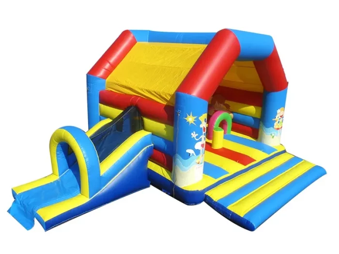 Colorful bouncy castle with slide and vibrant red, blue, and yellow design. Ideal for kids' events. Buy high-quality, affordable online in NZ now!