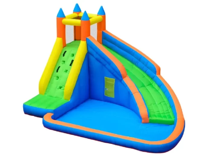 Inflatable bouncy castle with climbing wall, green slide, and water pool. Vibrant design perfect for kids' parties. Buy online in NZ today!